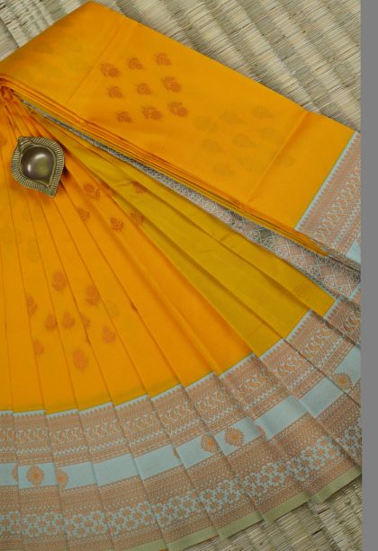 Macaroon Yellow Visiri Madippu Silk Sarees with Gold Zari Buttis (small Dots Or Motifs)