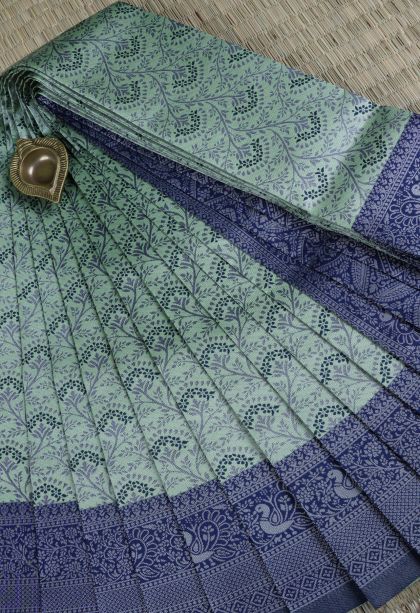 Pistachio Green Visiri Madippu Silk Sarees with Silver Zari Floral Patterns