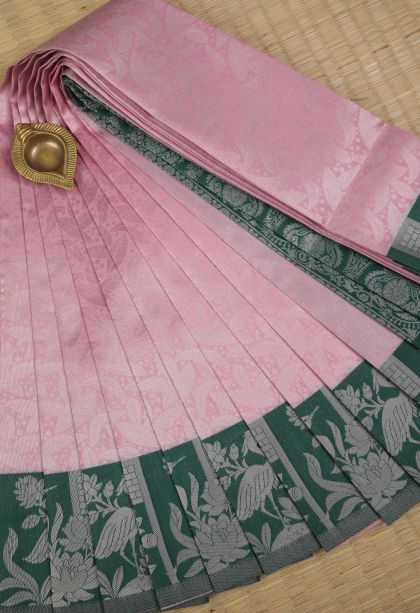 Ballet Pink Visiri Madippu Silk Sarees with Silver Zari Floral Patterns