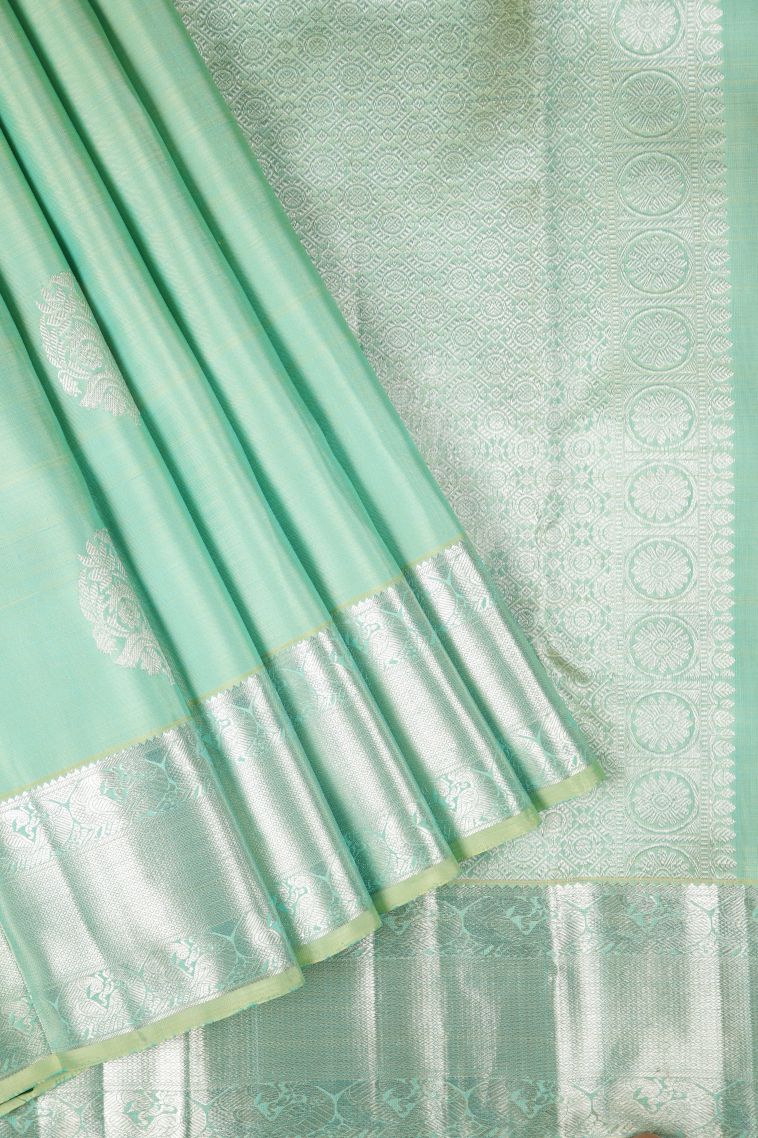 Mint Green Kanchipuram Silk Sarees with Silver Zari Buttis (small Dots Or Motifs) view 1