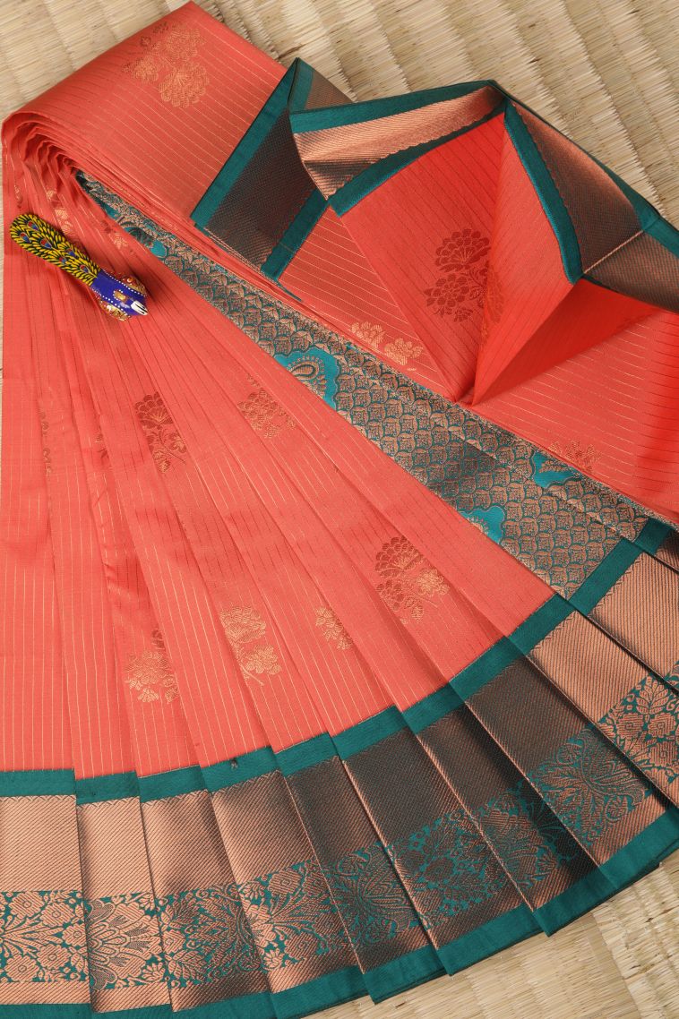 Rose  Red Visiri Madippu Silk Sarees with Copper Zari Stripes view 1