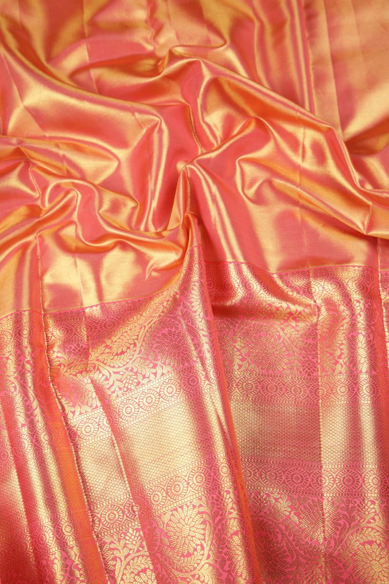 Peach Pink Kanchipuram Silk Sarees with Gold Zari Floral Patterns view 3