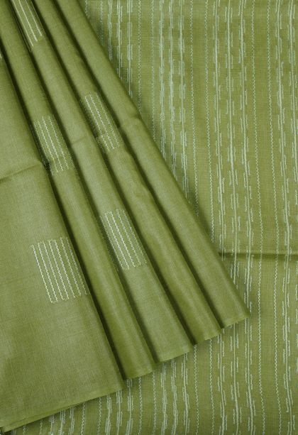 Pickle Green Tussar Saree with Without Zari Zari Buttis (small Dots Or Motifs)