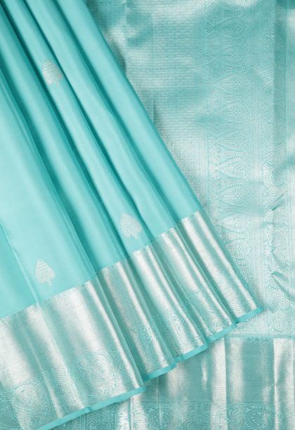 Sky Blue Kanchipuram Silk Sarees with Silver Zari Buttis (small Dots Or Motifs)