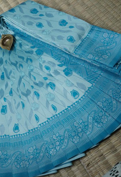 Arctic Blue Visiri Madippu Silk Sarees with Silver Zari Floral Patterns