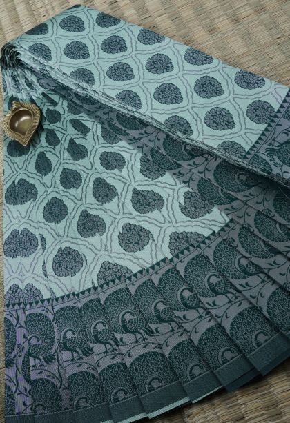 Sapphire Blue Visiri Madippu Silk Sarees with Silver Zari Floral Patterns