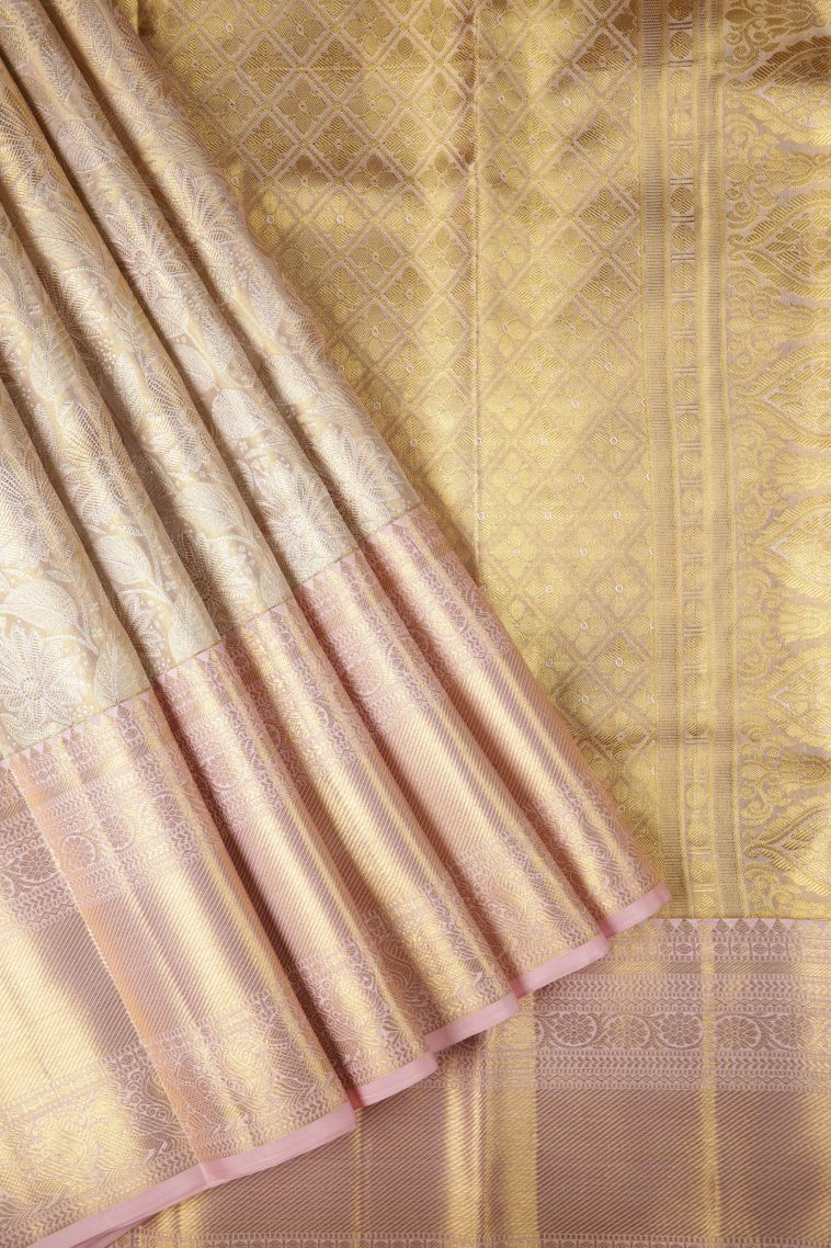 Gold Kanchipuram Silk Sarees with Gold Zari Floral Patterns view 1
