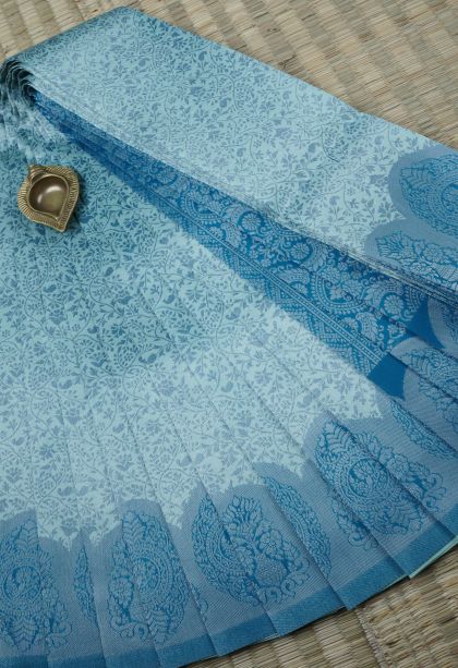 Arctic Blue Visiri Madippu Silk Sarees with Silver Zari Floral Patterns