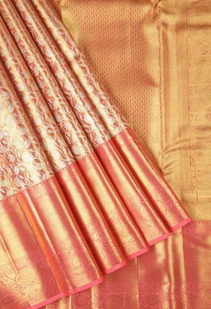 Peach Pink Kanchipuram Silk Sarees with Gold Zari Floral Patterns