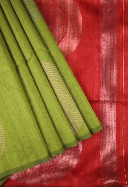 Lime Green Tussar Saree with Gold Zari Buttis (small Dots Or Motifs)