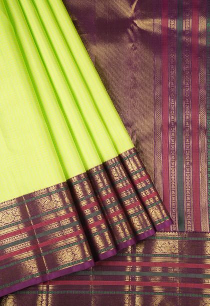 Chartreuse Green Kanchipuram Silk Sarees with Gold Zari Checks
