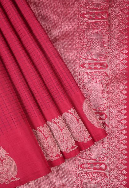Crimson Red Kanchipuram Silk Sarees with Gold Zari Checks
