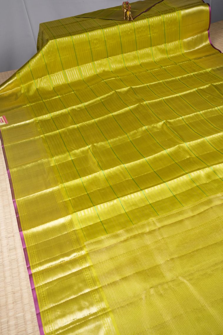 Lemon Yellow Kanchipuram Silk Sarees with Gold Zari Stripes view 2