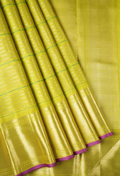 Lemon Yellow Kanchipuram Silk Sarees with Gold Zari Stripes