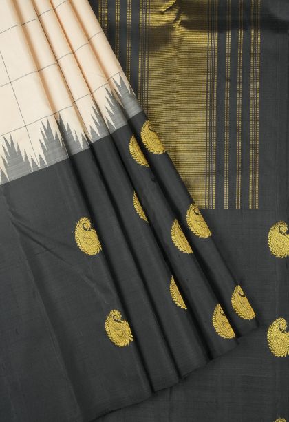 Chiffon White Kanchipuram Silk Sarees with Without Zari Zari Checks