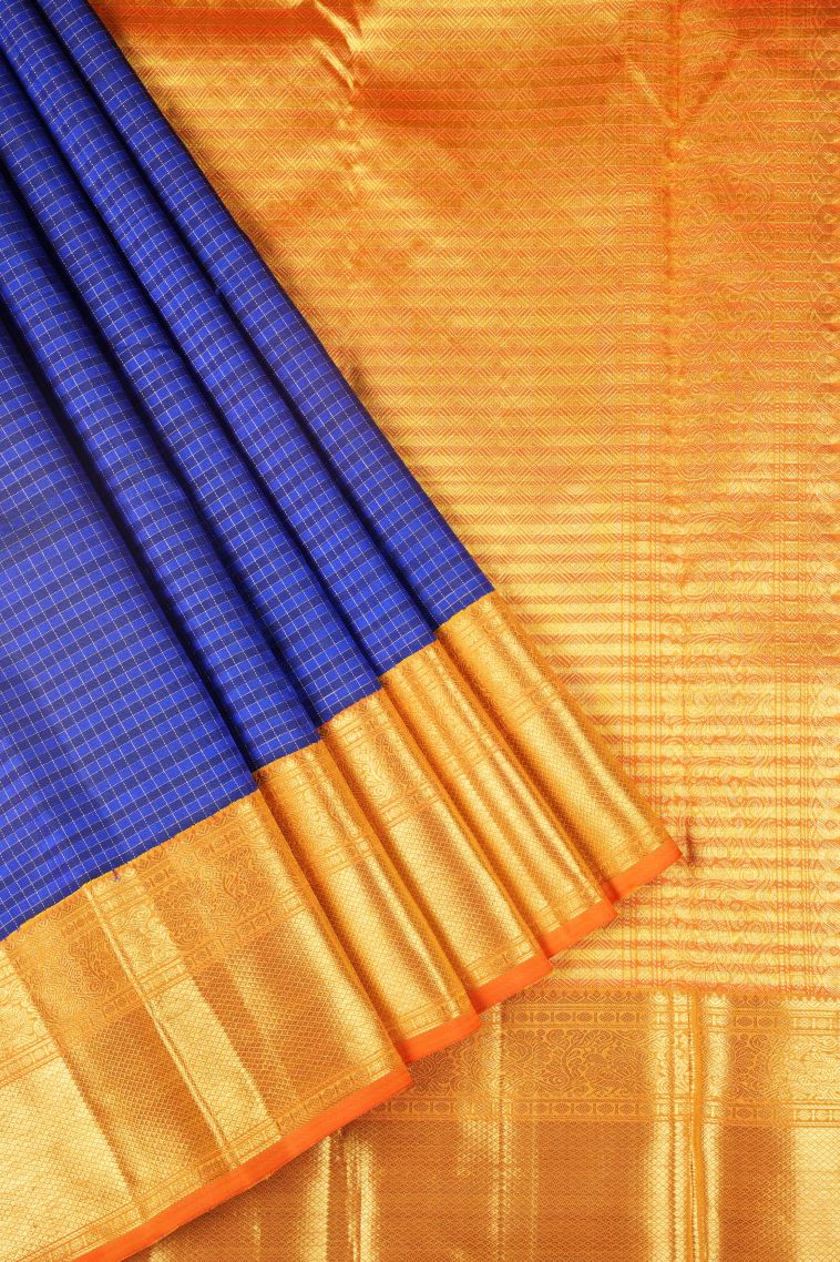 Azure Blue Kanchipuram Silk Sarees with Gold Zari Checks view 1