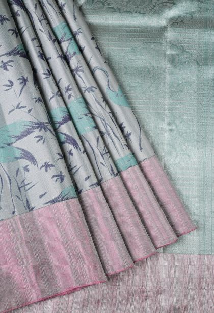 Slate Blue Kanchipuram Silk Sarees with Silver Zari Animal And Bird Motifs