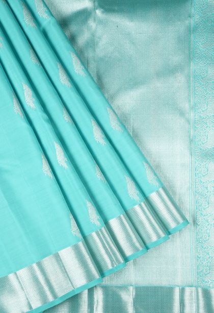 Arctic Blue Kanchipuram Silk Sarees with Silver Zari Buttis (small Dots Or Motifs)