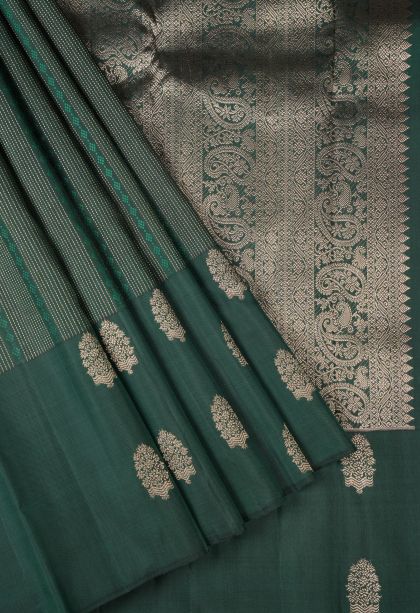 Basil Green Kanchipuram Silk Sarees with Gold Zari Stripes