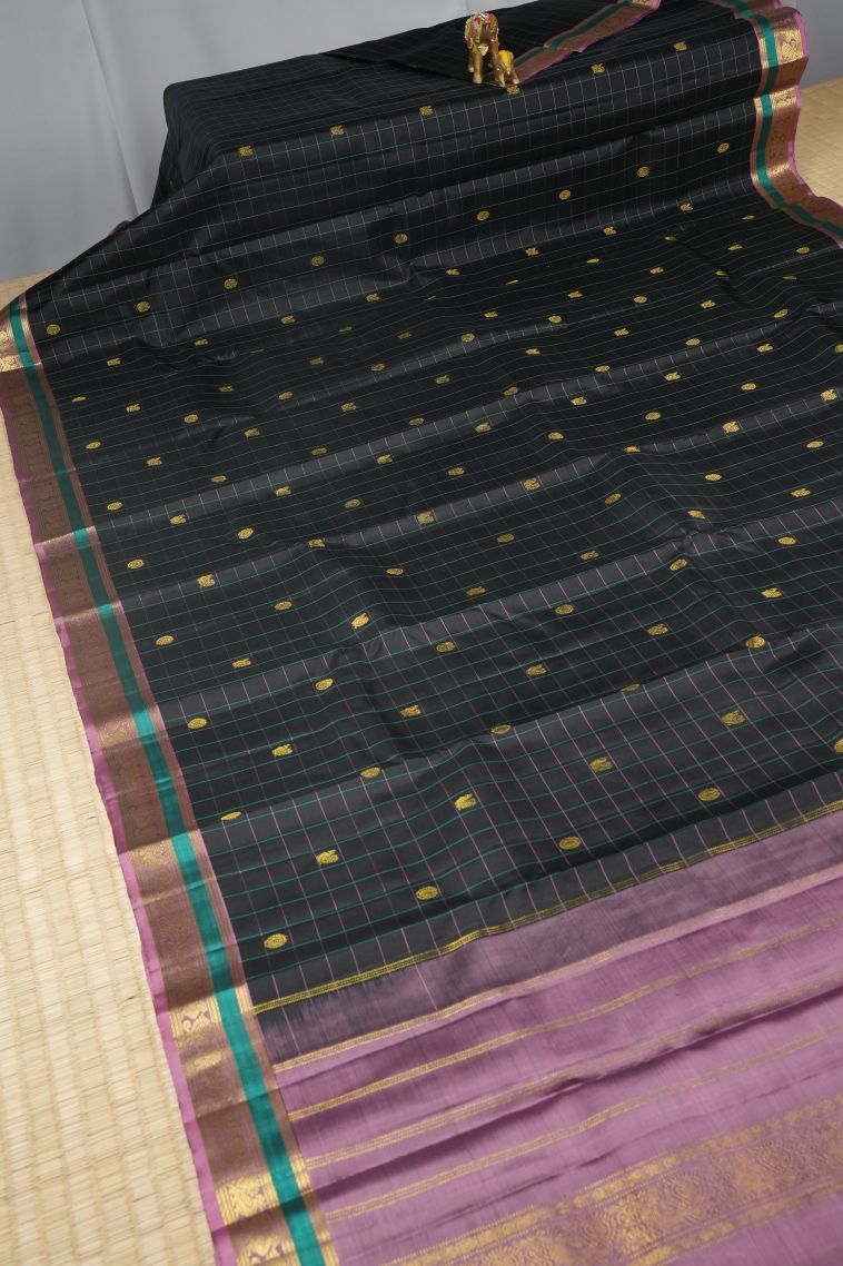 Rock Black Kanchipuram Silk Sarees with Gold Zari Checks view 2