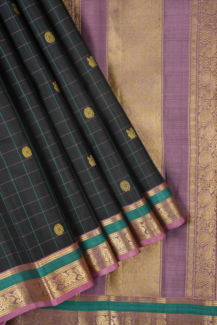 Rock Black Kanchipuram Silk Sarees with Gold Zari Checks view 1