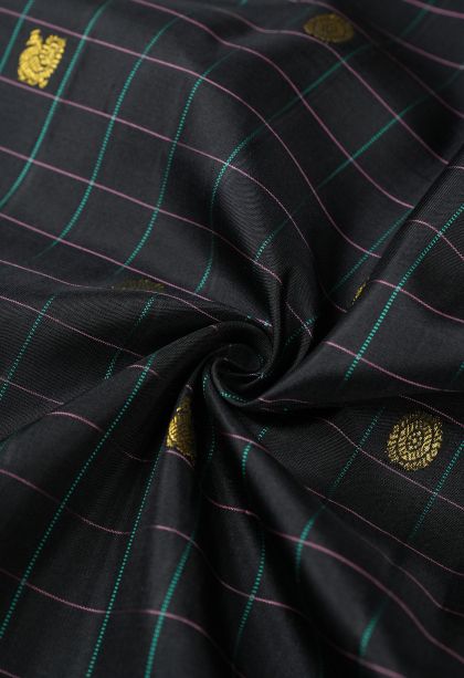 Rock Black Kanchipuram Silk Sarees with Gold Zari Checks