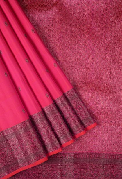 Strawberry Pink Kanchipuram Silk Sarees with Bronze Zari Buttis (small Dots Or Motifs)