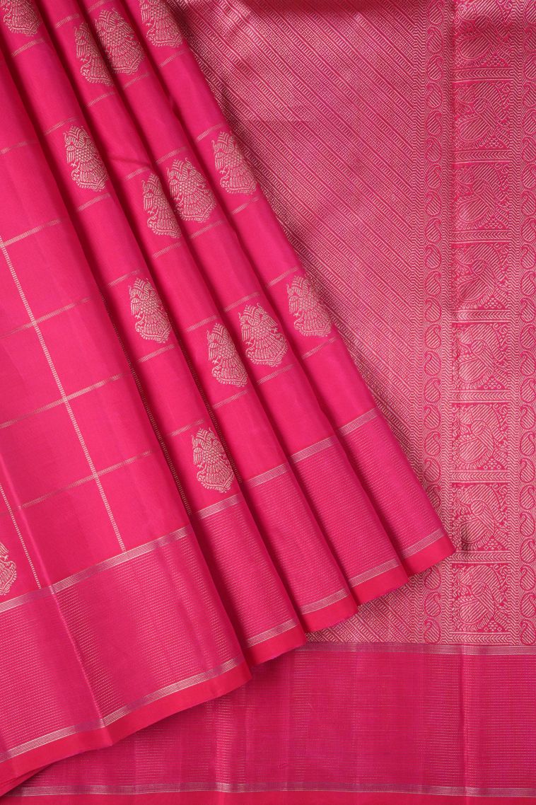 Magenta  Pink Kanchipuram Silk Sarees with Silver Zari Checks view 1