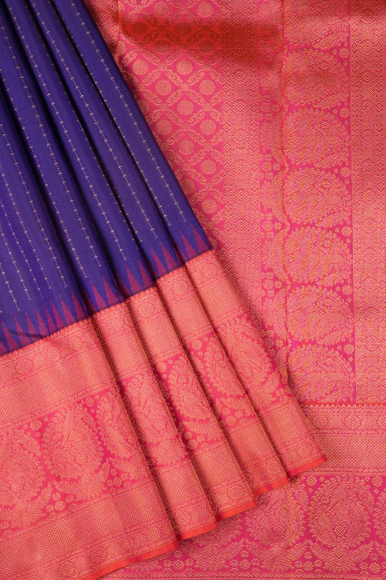 Azure Blue Kanchipuram Silk Sarees with Gold Zari Stripes view 1