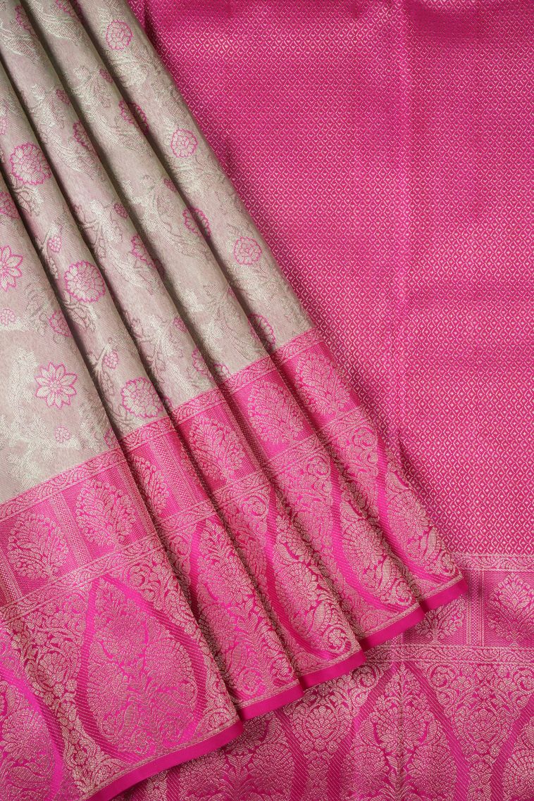 Magenta  Pink Kanchipuram Silk Sarees with Gold Zari Floral Patterns view 1