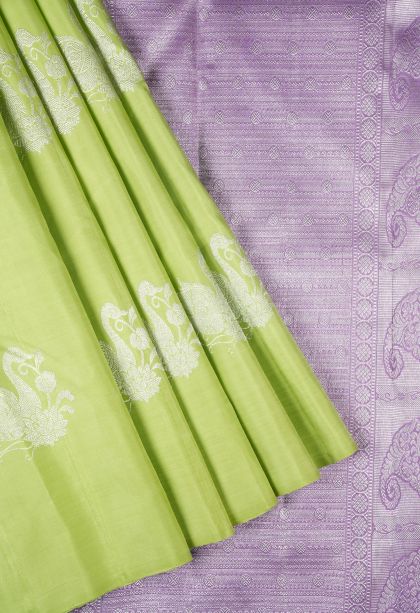 Mint Green Kanchipuram Silk Sarees with Silver Zari Buttis (small Dots Or Motifs)