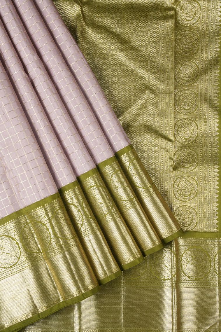 Lean Pink Kanchipuram Silk Sarees with Silver Zari Checks view 1