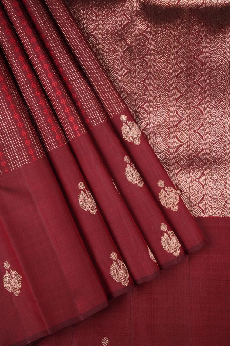Berry Red Kanchipuram Silk Sarees with Gold Zari Stripes view 1