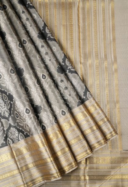 Gray Black Kanchipuram Silk Sarees with Gold And Silver Zari Floral Patterns