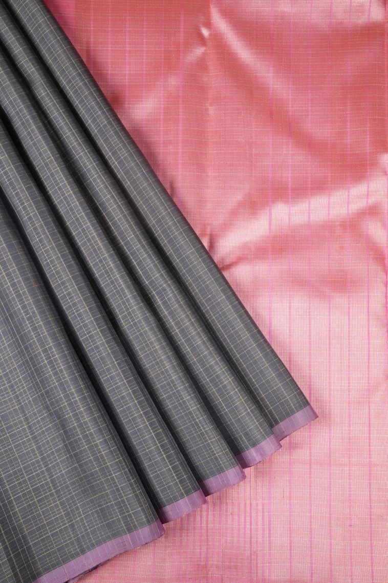 Gray Black Kanchipuram Silk Sarees with Gold Zari Checks view 1