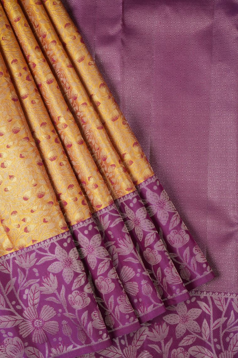 Apricot Orange Kanchipuram Silk Sarees with Silver Zari Floral Patterns view 1