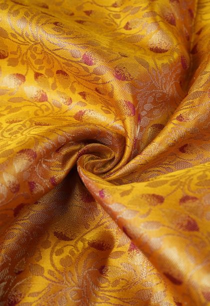 Apricot Orange Kanchipuram Silk Sarees with Silver Zari Floral Patterns