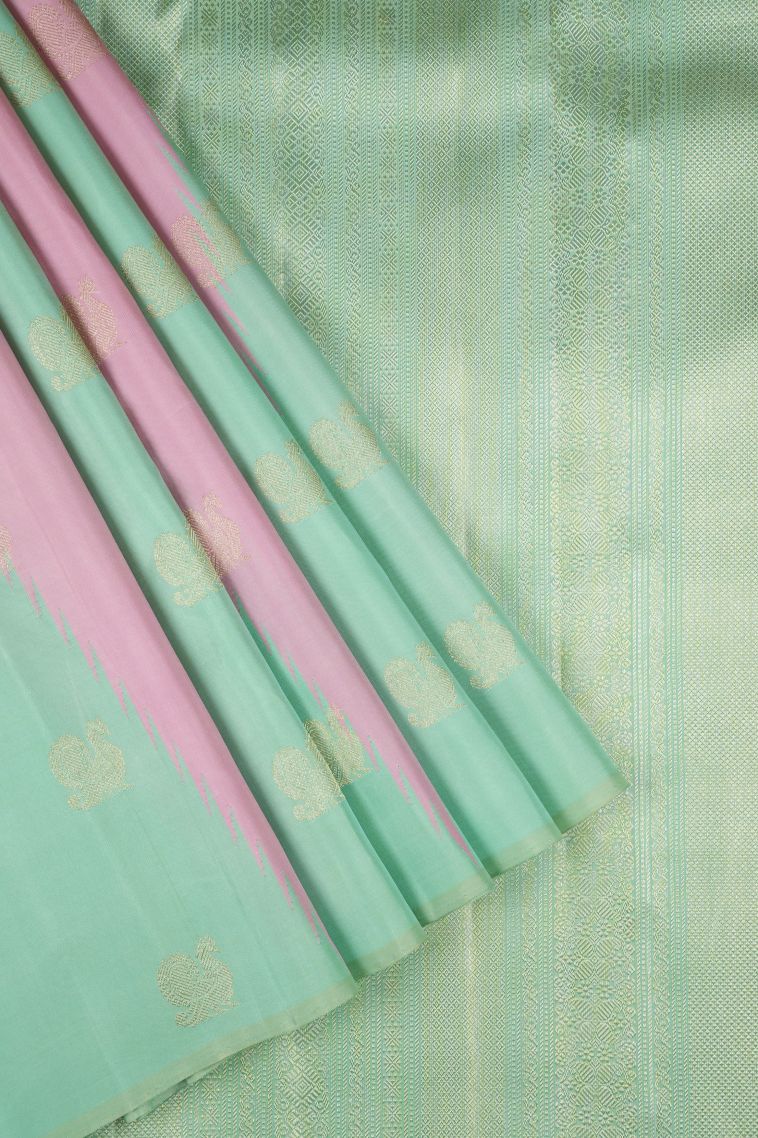 Mint Green Kanchipuram Silk Sarees with Gold Zari Peacock Motifs view 1