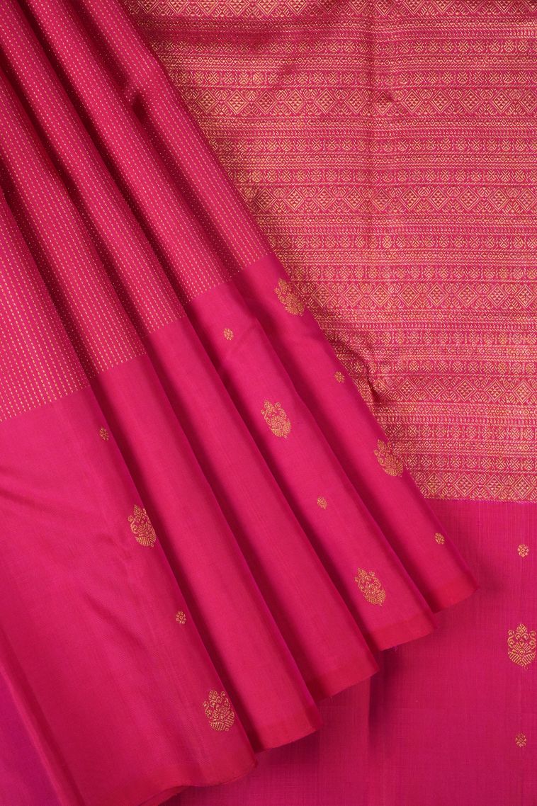 Punch Pink Kanchipuram Silk Sarees with Gold Zari Stripes view 1