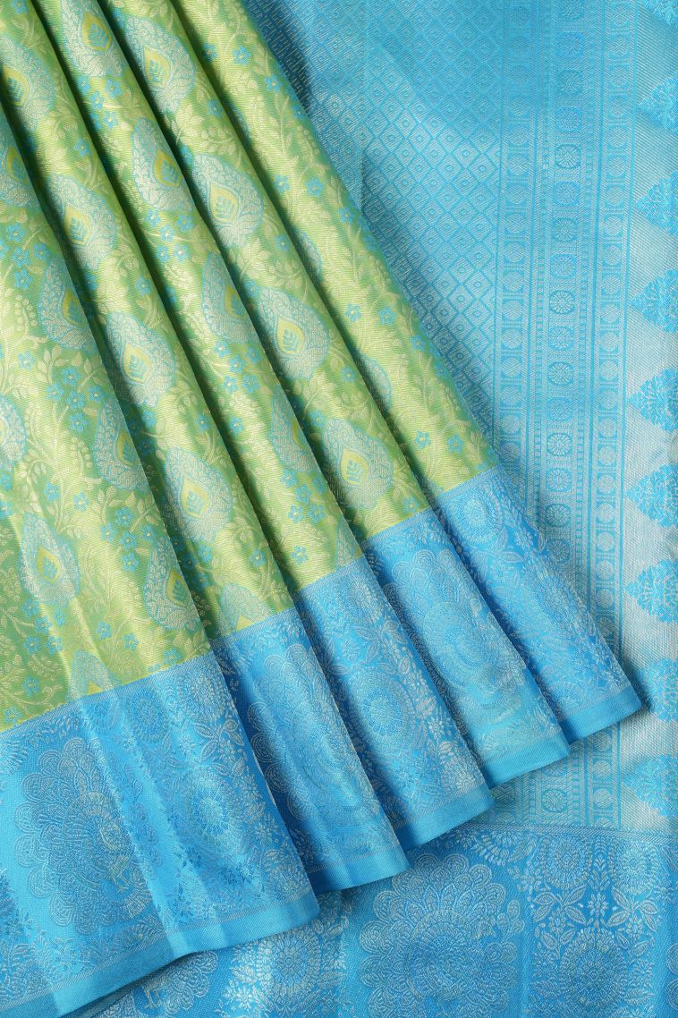 Lime Green Kanchipuram Silk Sarees with Gold Zari Floral Patterns view 1