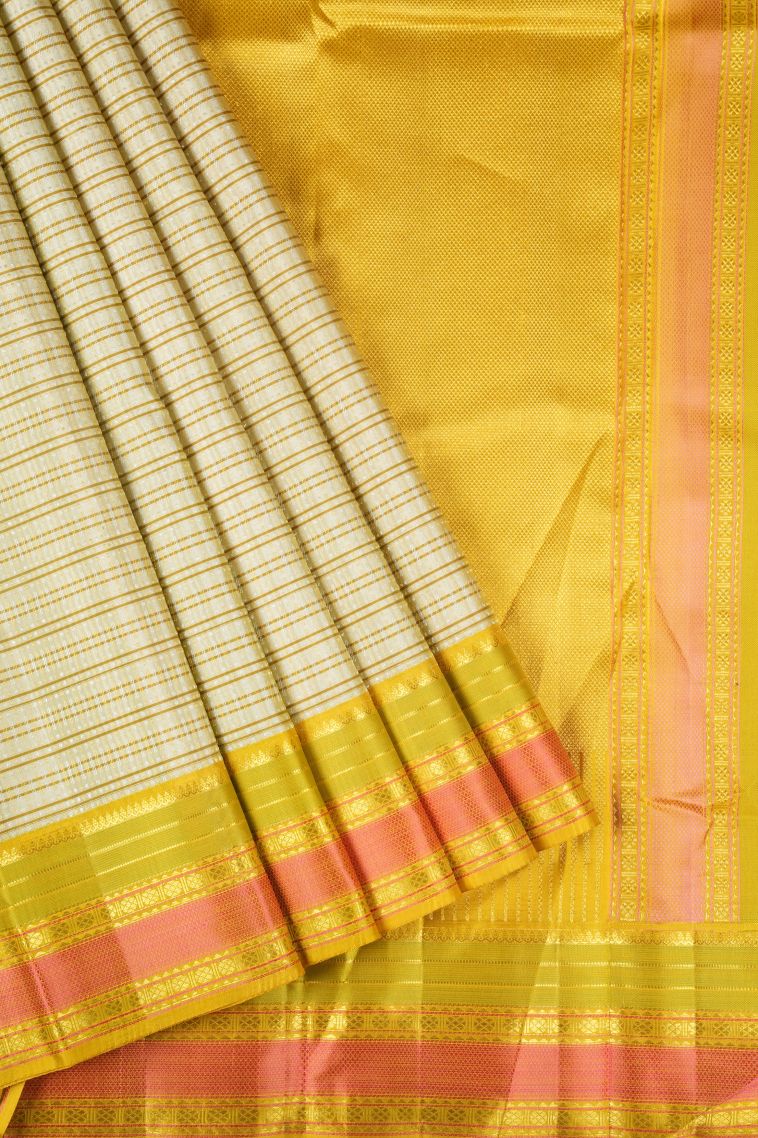 Sandollar Yellow Kanchipuram Silk Sarees with Gold Zari Stripes view 1