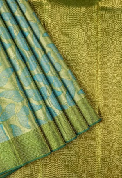 Olive Green Kanchipuram Silk Sarees with Gold Zari Animal And Bird Motifs