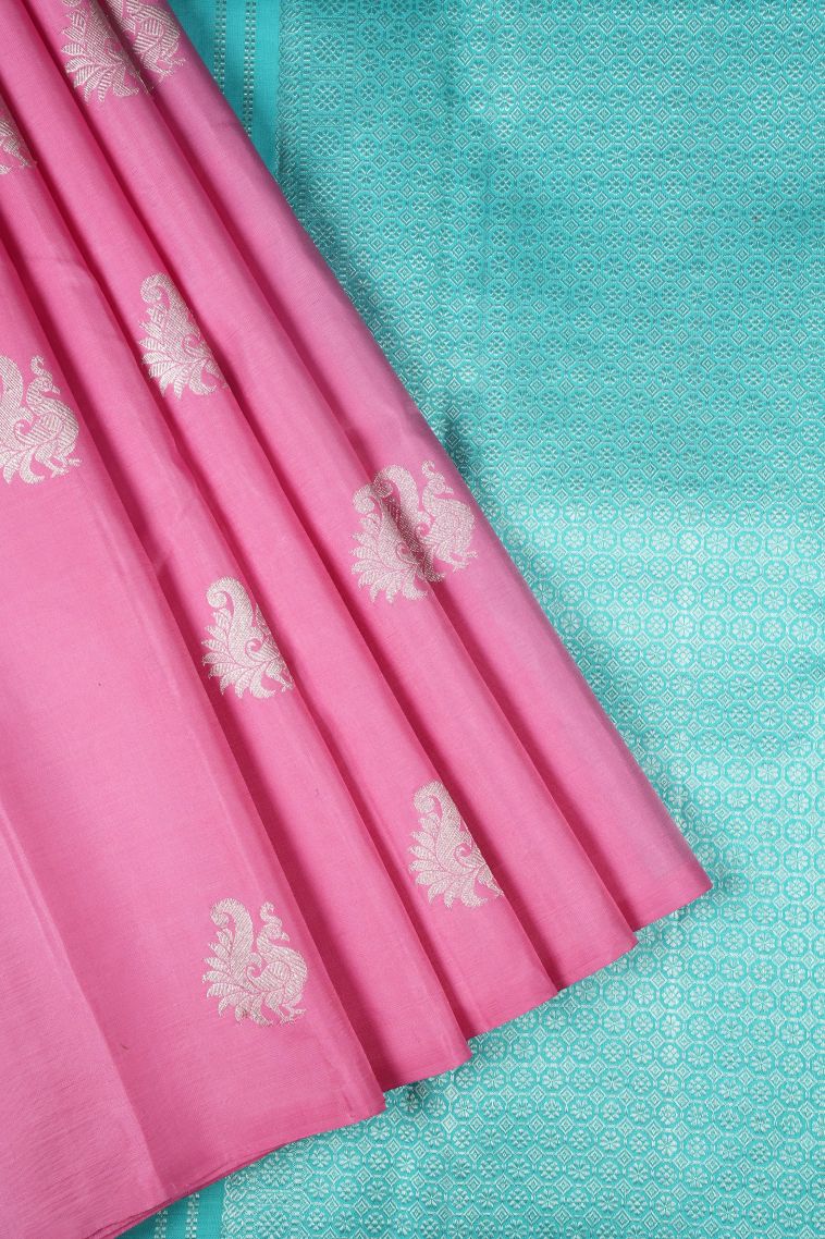 Taffy Pink Kanchipuram Silk Sarees with Silver Zari Peacock Motifs view 1