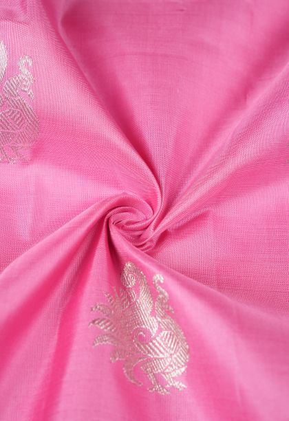 Taffy Pink Kanchipuram Silk Sarees with Silver Zari Peacock Motifs