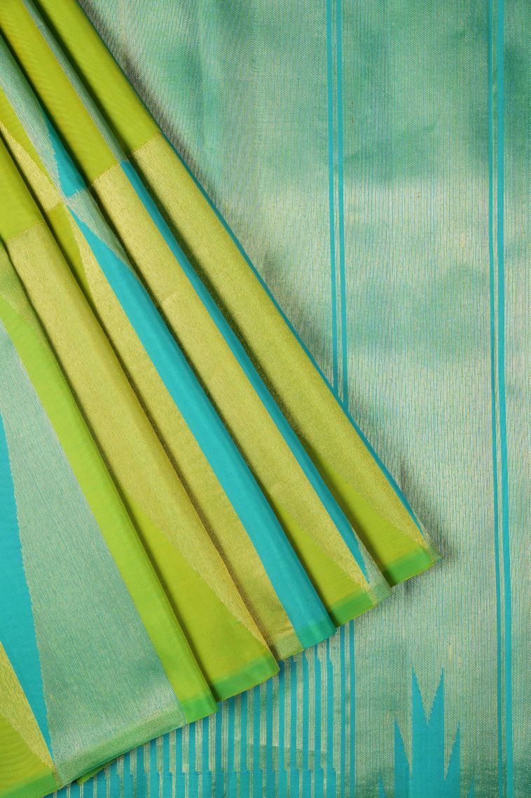Sky Blue Kanchipuram Silk Sarees with Gold And Silver Zari Geometric Shapes view 1