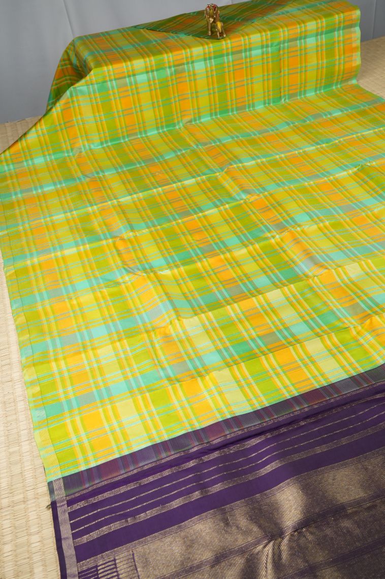 Lemon Yellow Kanchipuram Silk Sarees with Gold Zari Checks view 2