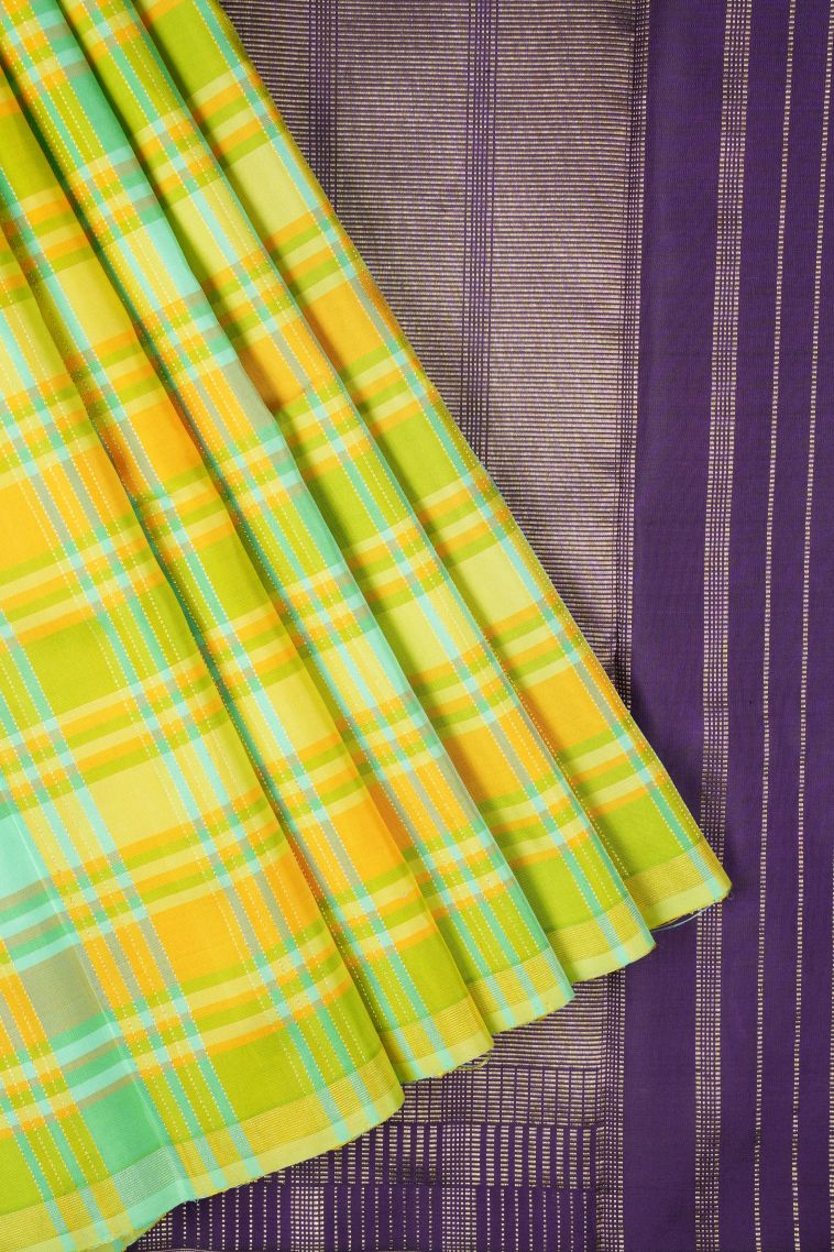 Lemon Yellow Kanchipuram Silk Sarees with Gold Zari Checks view 1