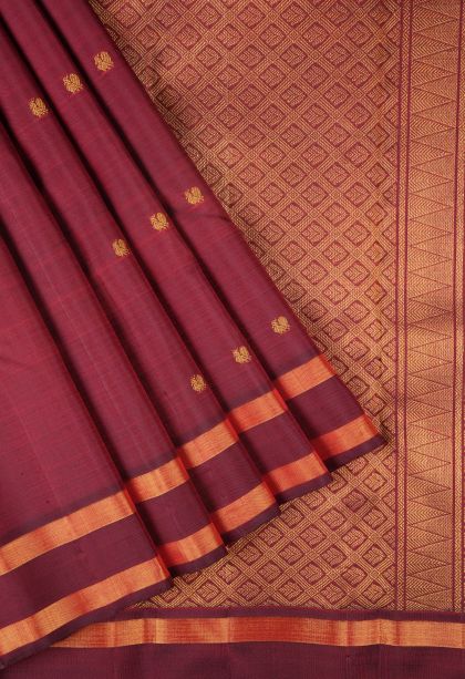 Cherry Red Kanchipuram Silk Sarees with Gold Zari Buttis (small Dots Or Motifs)