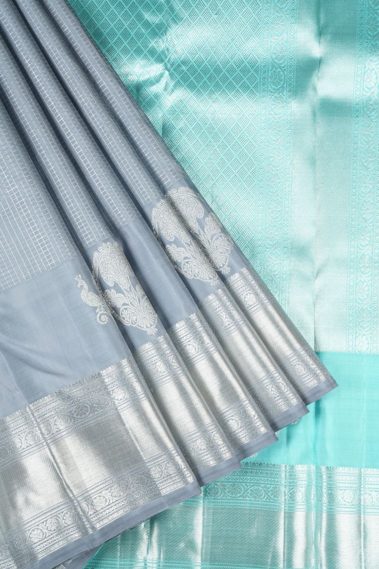 Stone Blue Kanchipuram Silk Sarees with Silver Zari Checks view 1