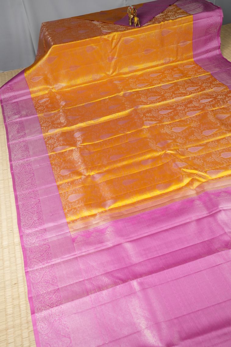 Merigold Orange Kanchipuram Silk Sarees with Gold Zari Floral Patterns view 2